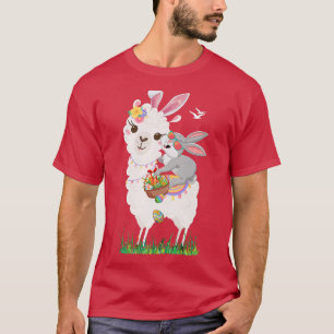 Cute Bunny Riding Llama Holding Egg Basket Happy E T-Shirt
