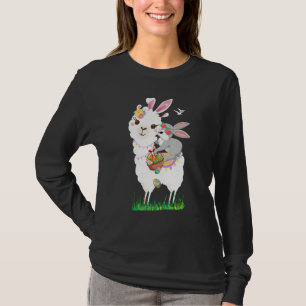 Cute Bunny Riding Llama Holding Egg Basket Happy E T-Shirt