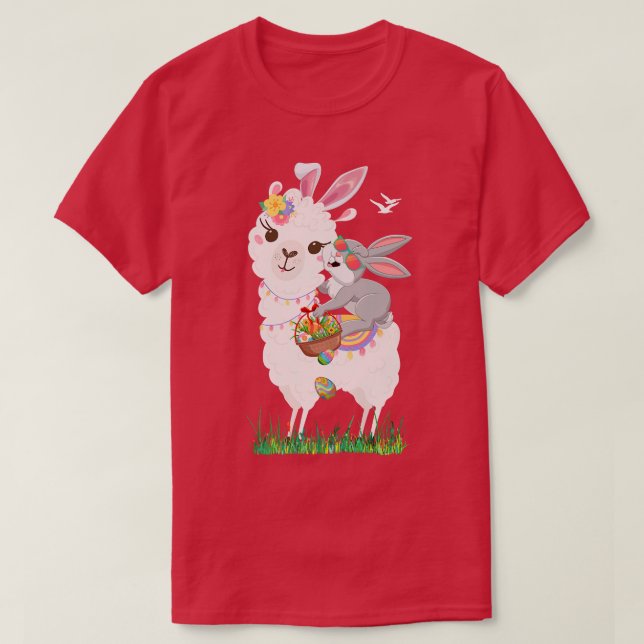 Cute Bunny Riding Llama Holding Egg Basket Happy T-Shirt (Design Front)