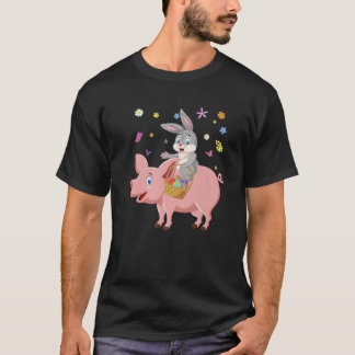 Cute Bunny Riding Pig Hunting Eggs Farmers Happy E T-Shirt