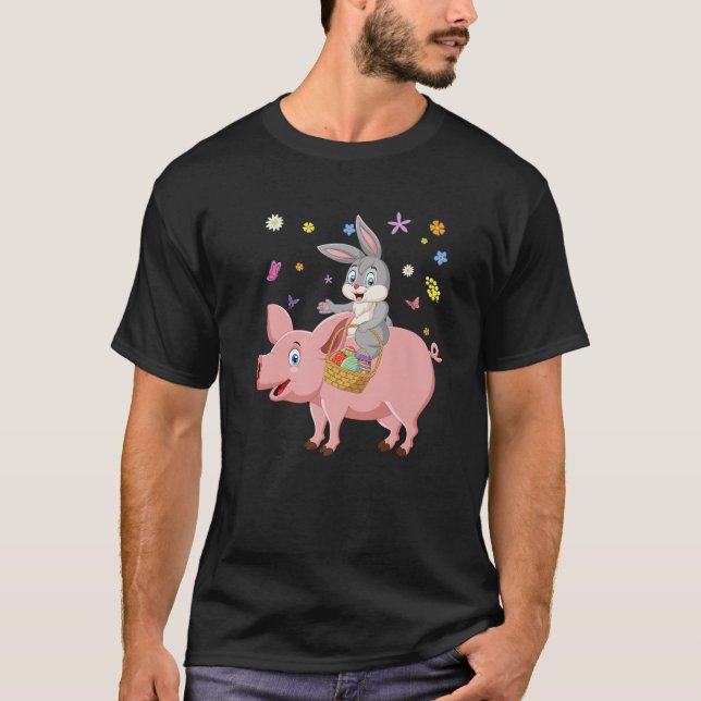 Cute Bunny Riding Pig Hunting Eggs Farmers Happy E T-Shirt (Front)