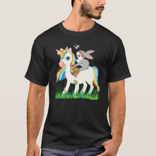 Cute Bunny Riding Unicorn Holding Egg Basket Easte T-Shirt