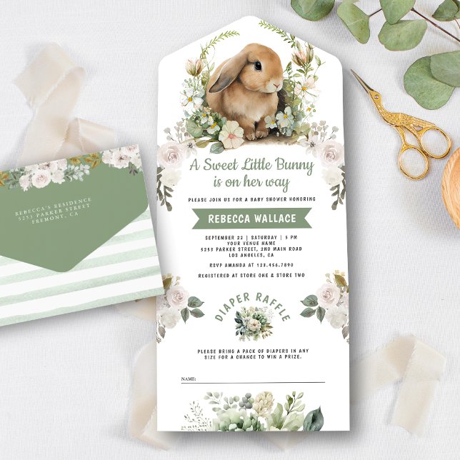 Cute Bunny Sage Green Floral Baby Shower All In One Invitation (Creator Uploaded)
