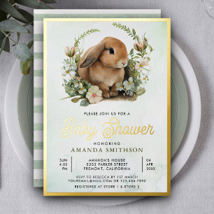 Cute Bunny Sage Green Floral Baby Shower Gold