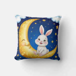 Cute Bunny Sitting on a Golden Crescent Moon Cushion
