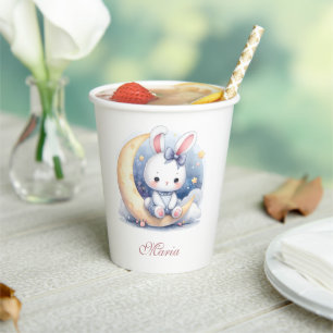 cute bunny sitting on the moon paper cups
