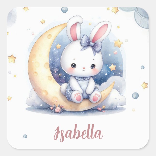 cute bunny sitting on the moon  square sticker (Front)