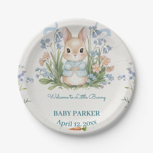 Cute Bunny Spring Floral Baby Shower Personalized Paper Plate (Front)
