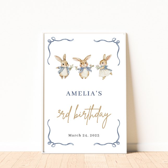 Cute Bunny Spring Kid 3rd Birthday Party Welcome Poster (Creator Uploaded)