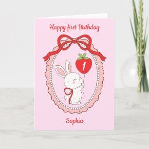Cute Bunny Strawberry Balloon Happy Birthday Card