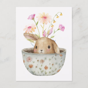 cute bunny tea cup with flowers postcard