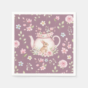 Cute Bunny Teapot Pink Floral Spring Napkin