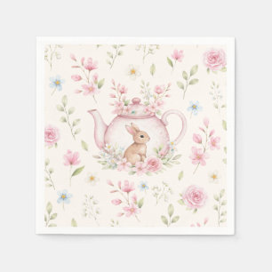 Cute Bunny Teapot Pink Floral Spring Napkin