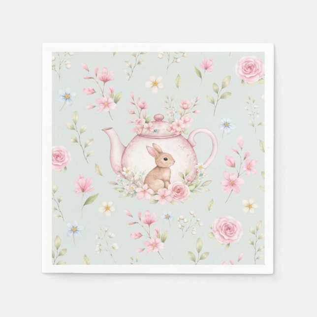 Cute Bunny Teapot Pink Floral Spring Napkin (Front)