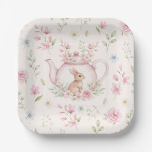 Cute Bunny Teapot Pink Floral Spring Paper Plate