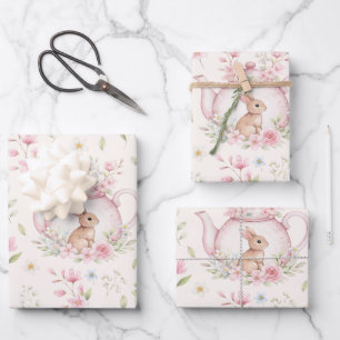 Cute Bunny Teapot Pink Floral Wrapping Paper Sheet