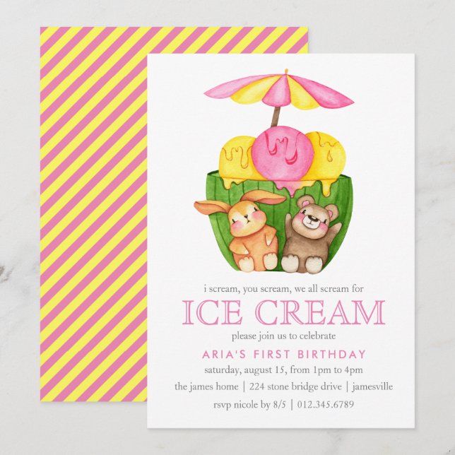 Cute Bunny Teddy Bear Ice Cream 1st Birthday Party Invitation (Front/Back)