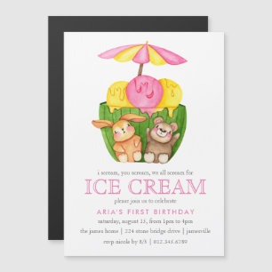 Cute Bunny Teddy Bear Ice Cream 1st Birthday Party Magnetic Invitation
