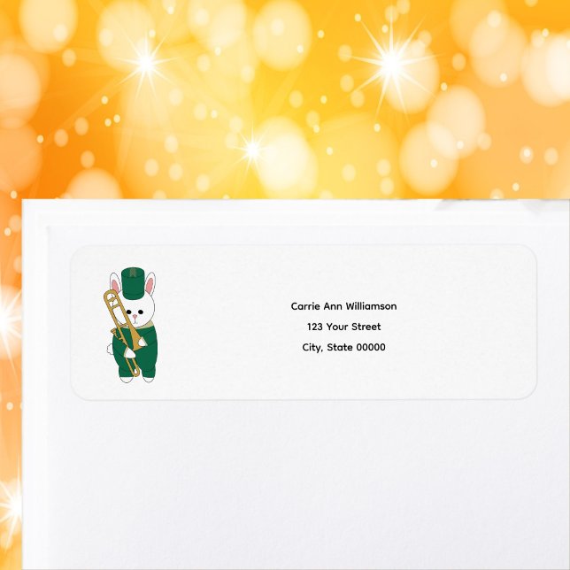 Cute Bunny Trombone Green Personalise Return (An address label with a rabbit holding a trombone.)