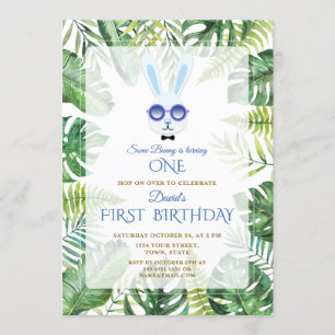 Cute Bunny Tropical Greenery Boy 1st Birthday Invitation