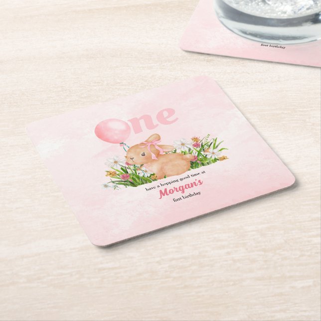 Cute Bunny Turns One Pink Girls 1st Birthday  Square Paper Coaster (Angled)