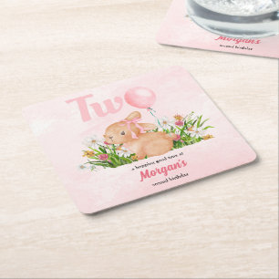 Cute Bunny Turns Two Pink Girls 2nd Birthday Square Paper Coaster