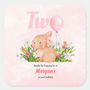 Cute Bunny Turns Two Pink Girls 2nd Birthday  Square Sticker