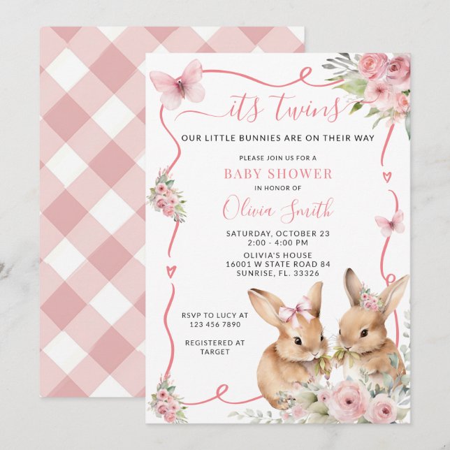 Cute Bunny Twins Baby Shower Girl Invitation (Front/Back)