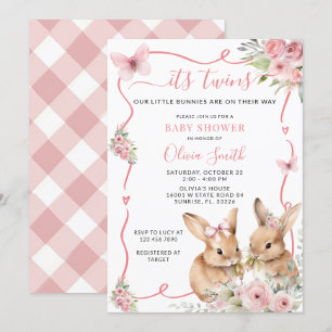 Cute Bunny Twins Baby Shower Girl Invitation