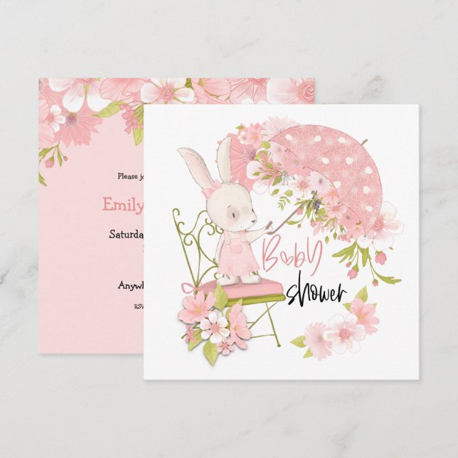 Cute Bunny Umbrella Florals Girl Baby Shower Invitation (Front/Back)