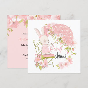 Cute Bunny Umbrella Florals Girl Baby Shower Invitation