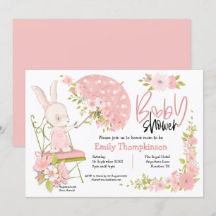 Cute Bunny Umbrella Flowers Girl Baby Shower Invitation