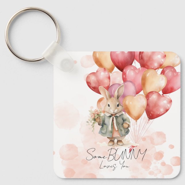 Cute Bunny Valentines Day Red Heart Balloons Key Ring (Front)