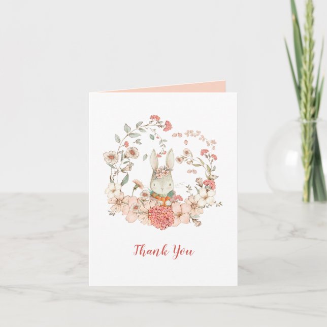 Cute Bunny Vintage Floral Peach Blank Inside Thank You Card (Front)