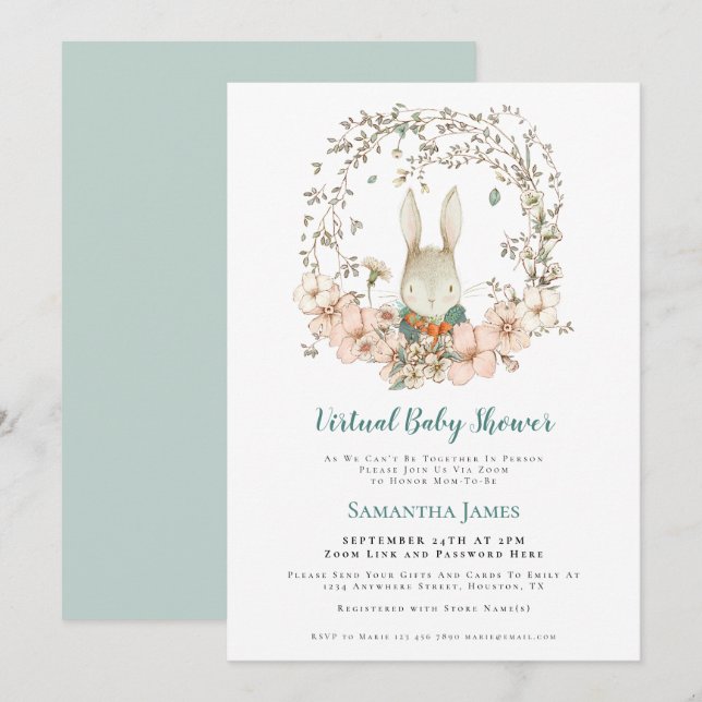 Cute Bunny Vintage Foliage Virtual Baby Shower Invitation (Front/Back)