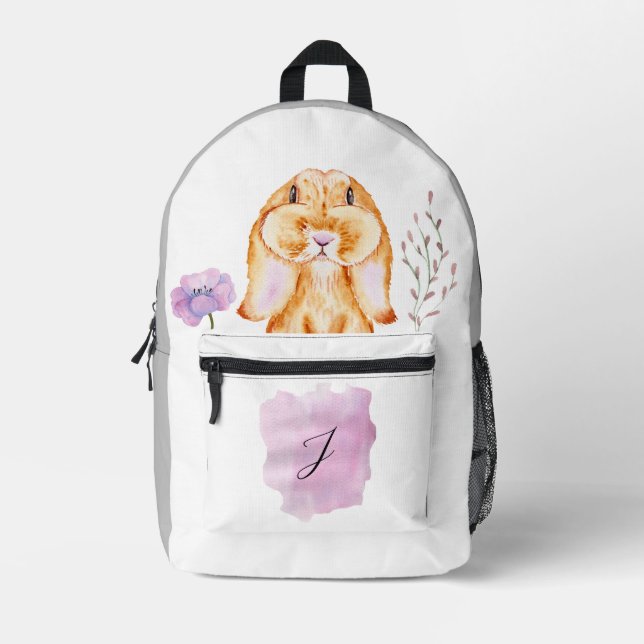 CUTE BUNNY VIOLET FLOWERS GREY WHITE CUSTOM NAME PRINTED BACKPACK (Front)