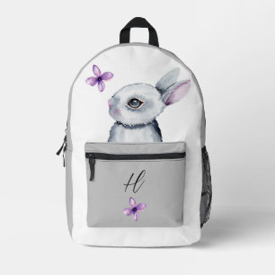 CUTE BUNNY VIOLET FLOWERS GREY WHITE CUSTOM NAME PRINTED BACKPACK