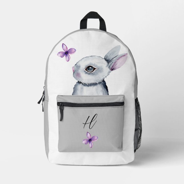 CUTE BUNNY VIOLET FLOWERS GREY WHITE CUSTOM NAME PRINTED BACKPACK (Front)