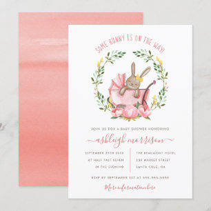 Cute Bunny & Watercolor Flowers Girl Baby Shower Invitation