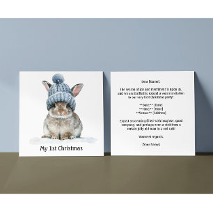 cute bunny wearing a winter hat, customisable invitation