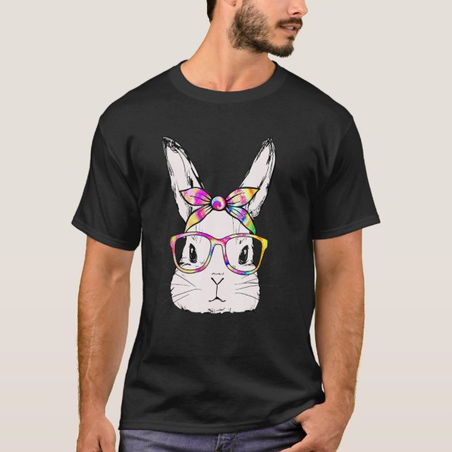 Cute Bunny Wearing Glasses Tie Dye Plaid Printed E T-Shirt (Front)