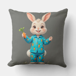 Cute Bunny Wearing Pyjamas Holding a Carrot Cushion