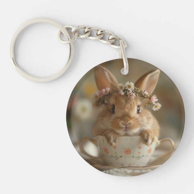 Cute bunny with a flower crown in a cup  key ring (Front)
