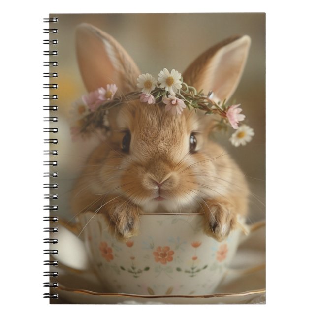 Cute bunny with a flower crown in a cup  notebook (Front)