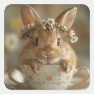 Cute bunny with a flower crown in a cup square sticker