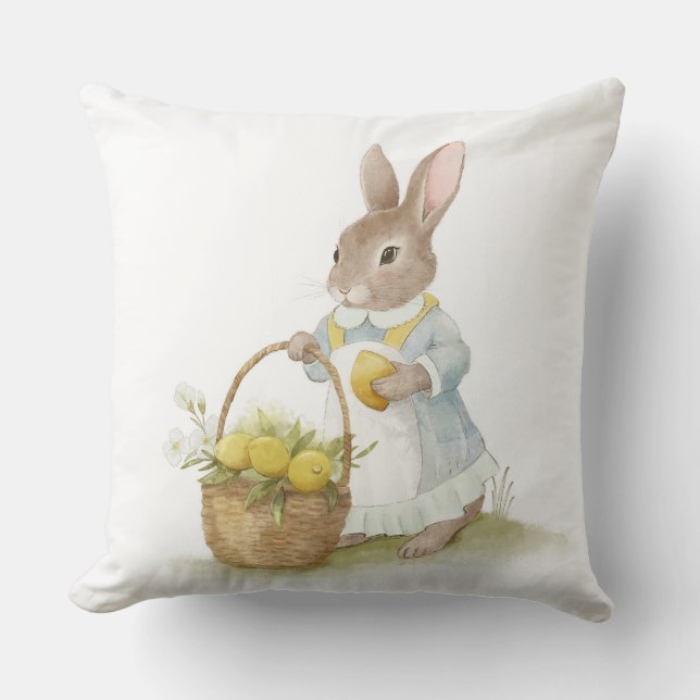 cute bunny with a wicker basket of lemons cushion (Front)