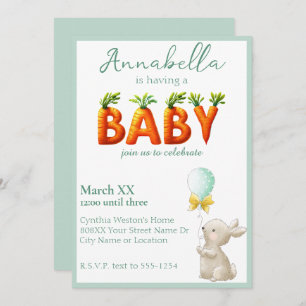 Cute Bunny with Balloon and Carrots Baby Shower Invitation