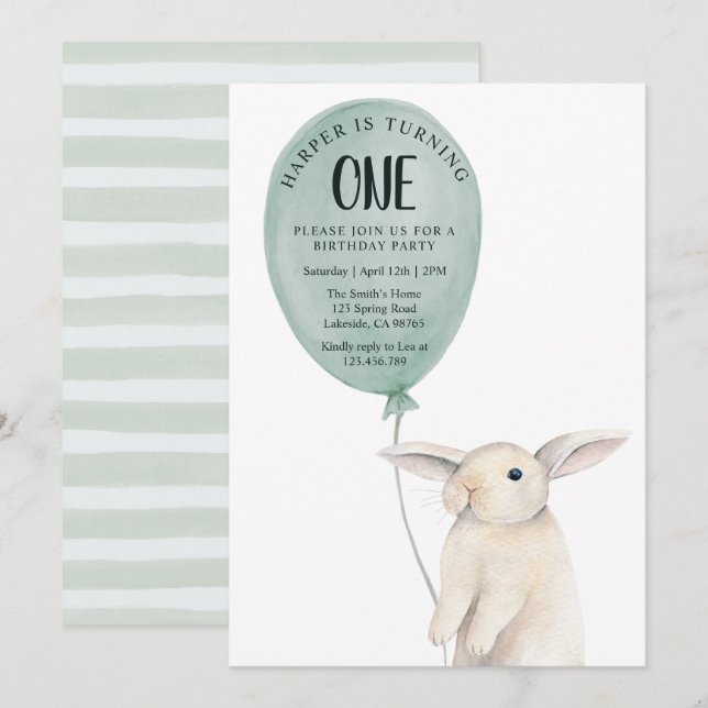 Cute Bunny with Balloon Birthday  Invitation (Front/Back)