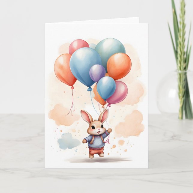 Cute Bunny with Balloons Watercolor Blank Greeting Card (Front)