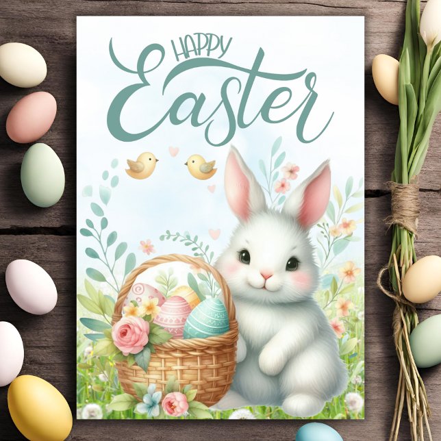 Cute Bunny With Basket Custom Happy Easter Holiday Card (Cute Bunny With Basket Custom Happy Easter Holiday Card with customizable text.)